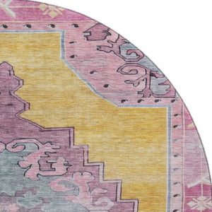 HomeRoots 8' Elegant Gold, Pink & Teal Oriental Washable Round Rug with UV Protection for High Traffic Areas 699457