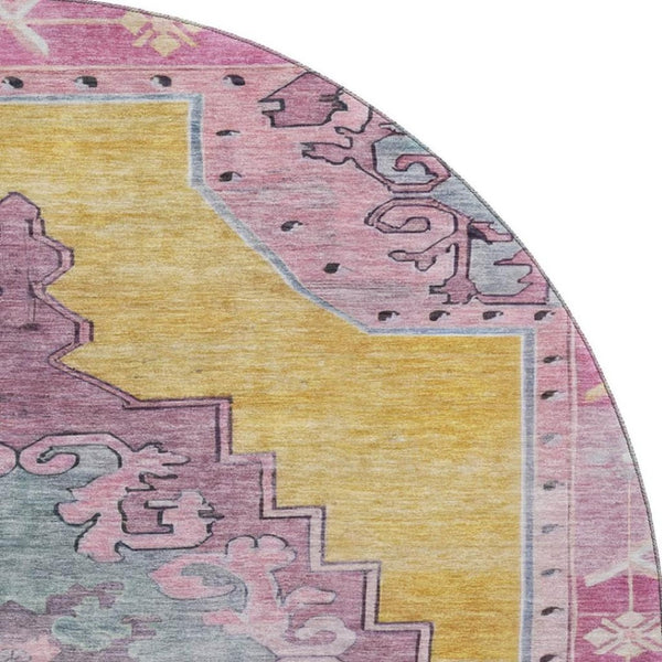 HomeRoots 8' Elegant Gold, Pink & Teal Oriental Washable Round Rug with UV Protection for High Traffic Areas 699457