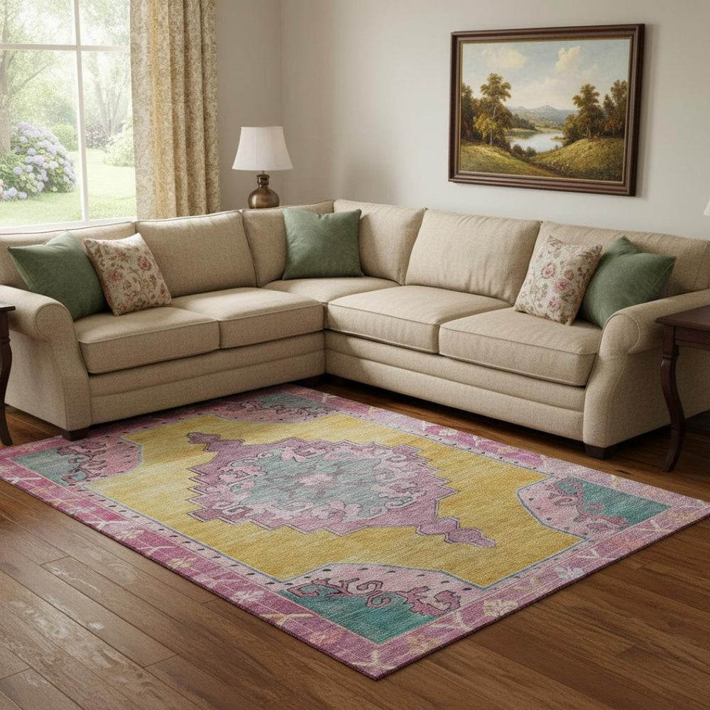 HomeRoots 8' X 10' Washable Gold, Pink & Teal Oriental Area Rug – Durable, UV Protected & Easy-Care Design 699458