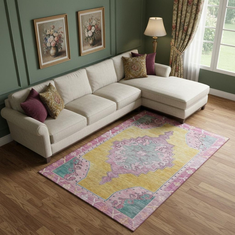 HomeRoots 9' X 12' Oriental Area Rug in Gold, Pink & Teal - Washable, UV-Protected & Family-Friendly Design 699459