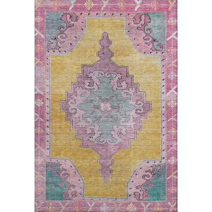 HomeRoots 9' X 12' Oriental Area Rug in Gold, Pink & Teal - Washable, UV-Protected & Family-Friendly Design 699459