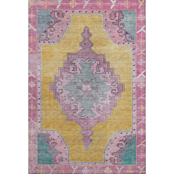 HomeRoots 9' X 12' Oriental Area Rug in Gold, Pink & Teal - Washable, UV-Protected & Family-Friendly Design 699459