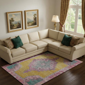 HomeRoots 10' Gold, Pink & Teal Washable Oriental Area Rug – UV Protected, Stain Resistant, Perfect for High Traffic Homes 699460