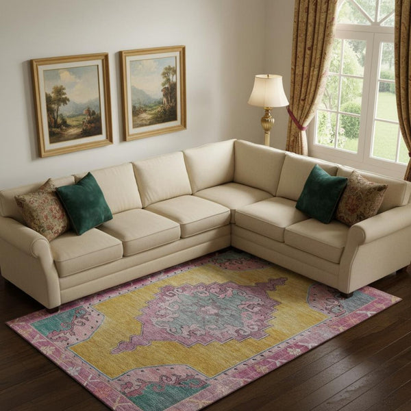 HomeRoots 10' Gold, Pink & Teal Washable Oriental Area Rug – UV Protected, Stain Resistant, Perfect for High Traffic Homes 699460