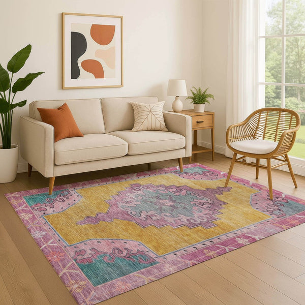 HomeRoots 10' Gold, Pink & Teal Washable Oriental Area Rug – UV Protected, Stain Resistant, Perfect for High Traffic Homes 699460