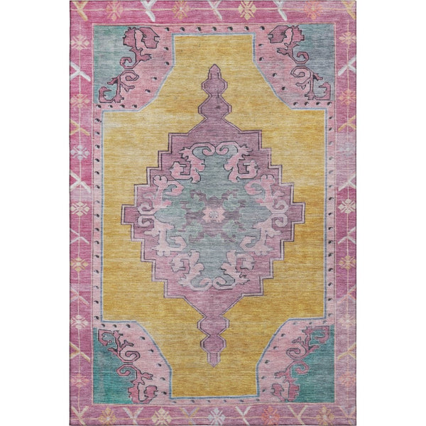 HomeRoots 10' Gold, Pink & Teal Washable Oriental Area Rug – UV Protected, Stain Resistant, Perfect for High Traffic Homes 699460