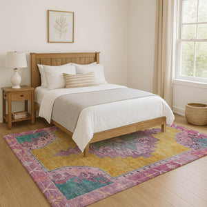 HomeRoots 10' Gold, Pink & Teal Washable Oriental Area Rug – UV Protected, Stain Resistant, Perfect for High Traffic Homes 699460