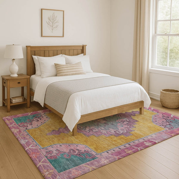 HomeRoots 10' Gold, Pink & Teal Washable Oriental Area Rug – UV Protected, Stain Resistant, Perfect for High Traffic Homes 699460
