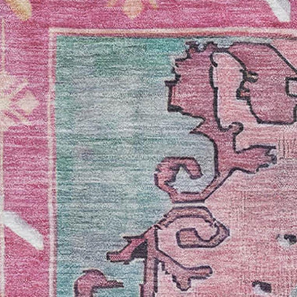 HomeRoots 10' Gold, Pink & Teal Washable Oriental Area Rug – UV Protected, Stain Resistant, Perfect for High Traffic Homes 699460
