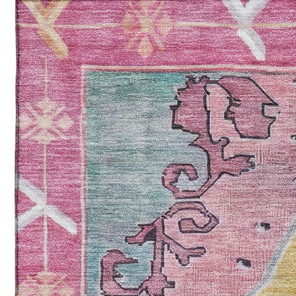 HomeRoots 10' Gold, Pink & Teal Washable Oriental Area Rug – UV Protected, Stain Resistant, Perfect for High Traffic Homes 699460
