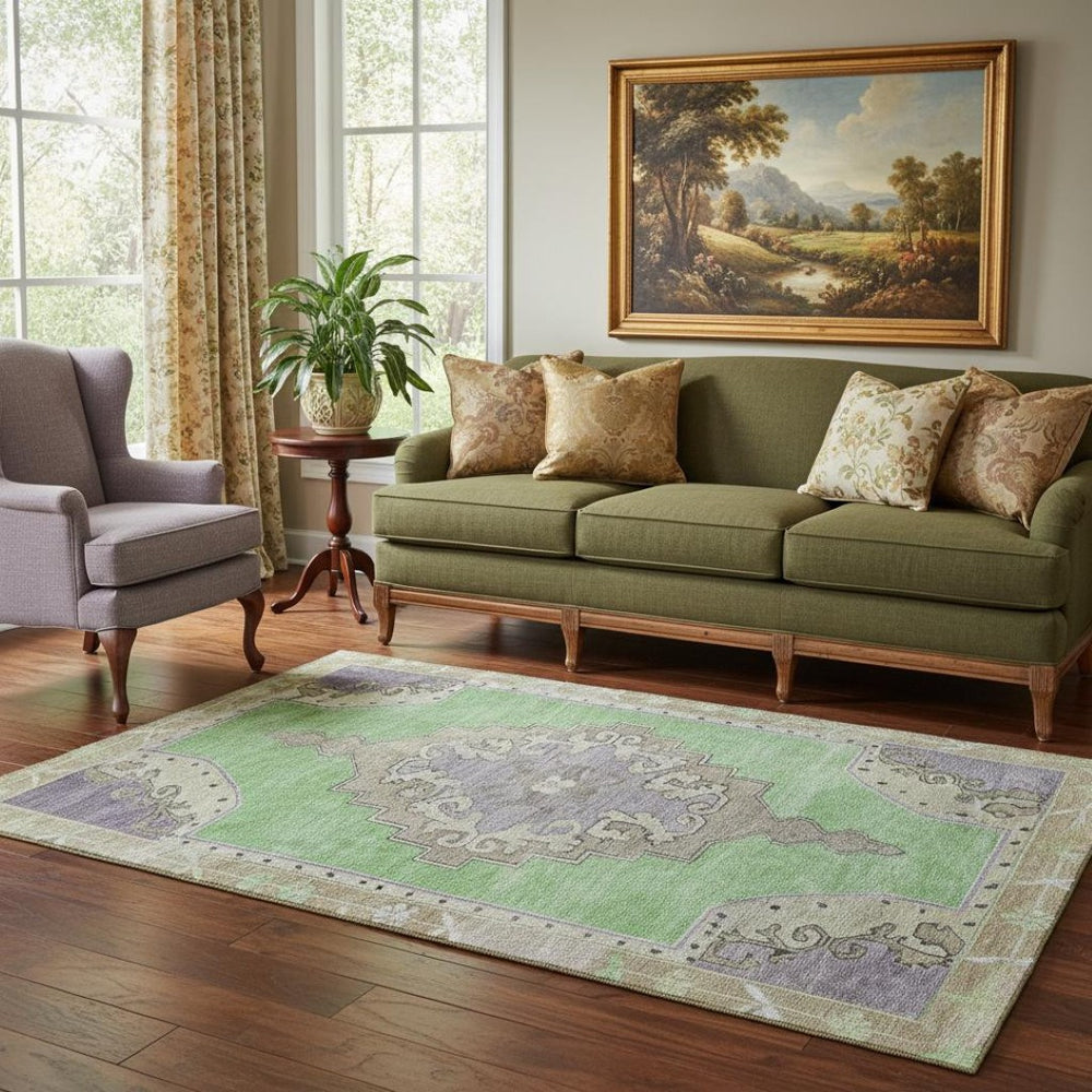 HomeRoots 5' X 8' Lime Green, Lavender & Brown Oriental Area Rug – Stain Resistant, UV Protected, Non-Slip Design 699462
