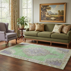 HomeRoots 5' X 8' Lime Green, Lavender & Brown Oriental Area Rug – Stain Resistant, UV Protected, Non-Slip Design 699462
