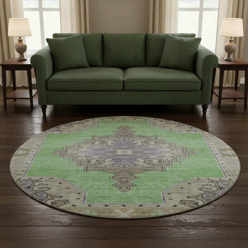 HomeRoots 8' Vibrant Lime Green, Lavender & Brown Oriental Round Rug - Washable, UV-Protected & Non-Slip! 699463