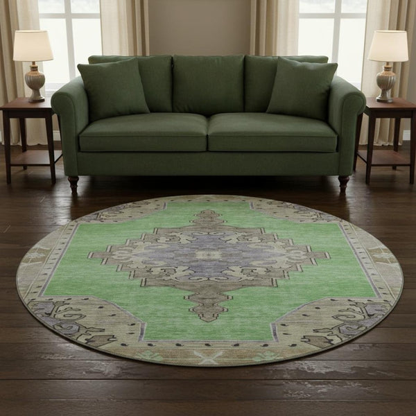 HomeRoots 8' Vibrant Lime Green, Lavender & Brown Oriental Round Rug - Washable, UV-Protected & Non-Slip! 699463