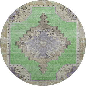 HomeRoots 8' Vibrant Lime Green, Lavender & Brown Oriental Round Rug - Washable, UV-Protected & Non-Slip! 699463