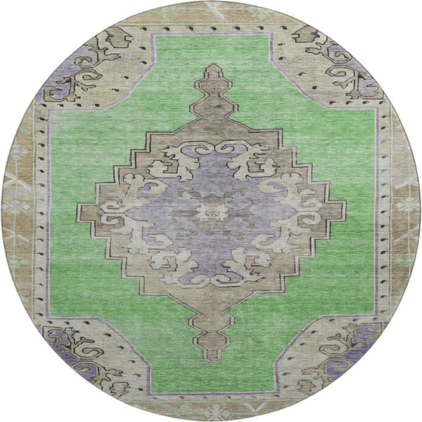 HomeRoots 8' Vibrant Lime Green, Lavender & Brown Oriental Round Rug - Washable, UV-Protected & Non-Slip! 699463