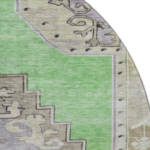 HomeRoots 8' Vibrant Lime Green, Lavender & Brown Oriental Round Rug - Washable, UV-Protected & Non-Slip! 699463