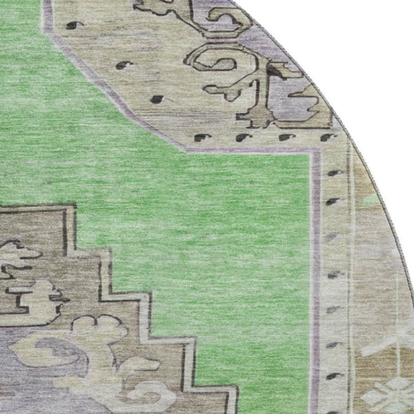 HomeRoots 8' Vibrant Lime Green, Lavender & Brown Oriental Round Rug - Washable, UV-Protected & Non-Slip! 699463