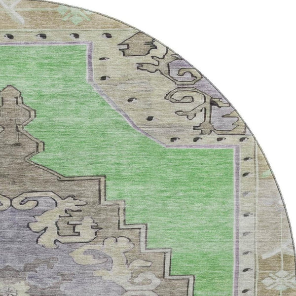 HomeRoots 8' Vibrant Lime Green, Lavender & Brown Oriental Round Rug - Washable, UV-Protected & Non-Slip! 699463