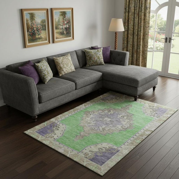 HomeRoots 9' Vibrant Lime Green, Lavender & Brown Washable Oriental Area Rug with UV Protection & Non-Slip Backing 699465