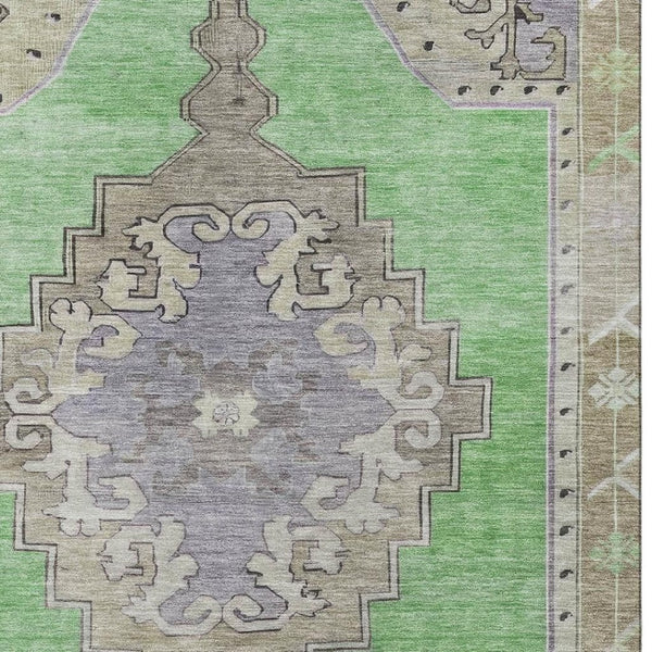 HomeRoots 9' Vibrant Lime Green, Lavender & Brown Washable Oriental Area Rug with UV Protection & Non-Slip Backing 699465