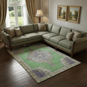 HomeRoots 10' X 14' Vibrant Lime Green, Lavender & Brown Oriental Washable Area Rug with UV & Stain Resistance 699466