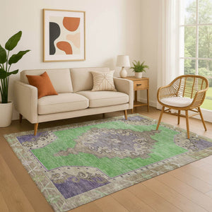 HomeRoots 10' X 14' Vibrant Lime Green, Lavender & Brown Oriental Washable Area Rug with UV & Stain Resistance 699466