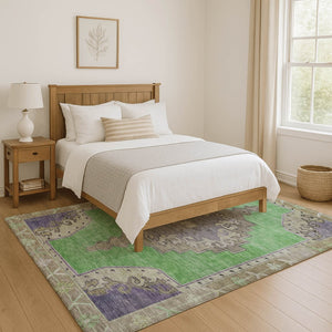 HomeRoots 10' X 14' Vibrant Lime Green, Lavender & Brown Oriental Washable Area Rug with UV & Stain Resistance 699466