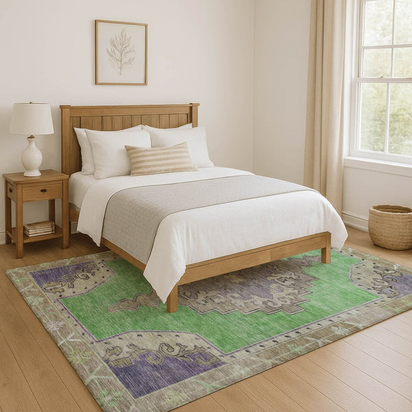 HomeRoots 10' X 14' Vibrant Lime Green, Lavender & Brown Oriental Washable Area Rug with UV & Stain Resistance 699466