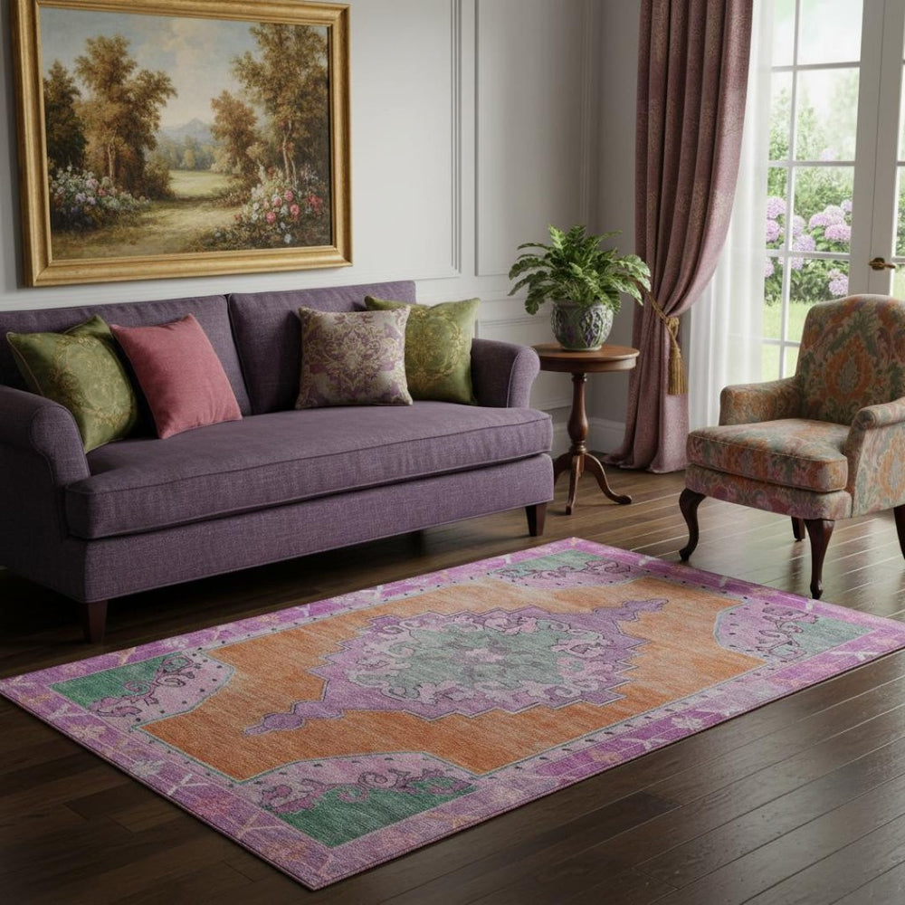 HomeRoots 5' X 8' Vibrant Orange Pink Green Washable Oriental Area Rug - Durable, UV Protected & Stylish! 699468