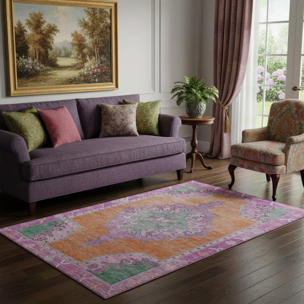 HomeRoots 5' X 8' Vibrant Orange Pink Green Washable Oriental Area Rug - Durable, UV Protected & Stylish! 699468