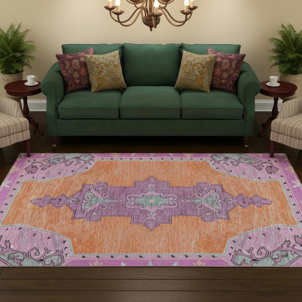 HomeRoots 8' Vibrant Orange, Pink & Green Oriental Washable Round Rug - UV Protected, Durable & Stain Resistant 699469