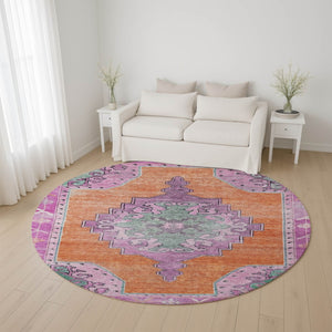 HomeRoots 8' Vibrant Orange, Pink & Green Oriental Washable Round Rug - UV Protected, Durable & Stain Resistant 699469
