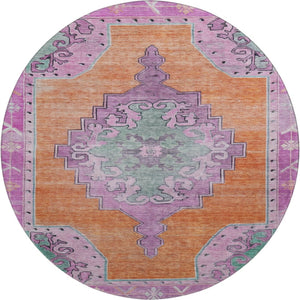 HomeRoots 8' Vibrant Orange, Pink & Green Oriental Washable Round Rug - UV Protected, Durable & Stain Resistant 699469