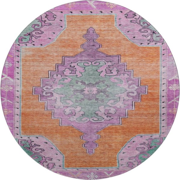 HomeRoots 8' Vibrant Orange, Pink & Green Oriental Washable Round Rug - UV Protected, Durable & Stain Resistant 699469