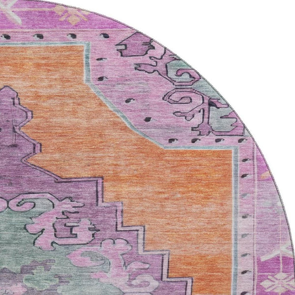 HomeRoots 8' Vibrant Orange, Pink & Green Oriental Washable Round Rug - UV Protected, Durable & Stain Resistant 699469