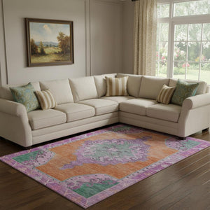 HomeRoots 8' X 10' Vibrant Orange Pink Green Washable Oriental Area Rug - UV Resistant & Stain-Repellent! 699470