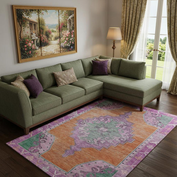 HomeRoots 9' X 12' Vibrant Orange Pink Green Oriental Washable Area Rug with UV Protection for Busy Homes 699471