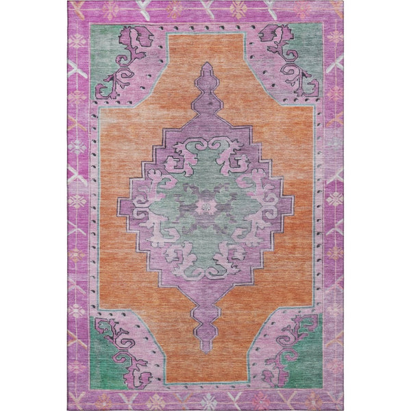 HomeRoots 9' X 12' Vibrant Orange Pink Green Oriental Washable Area Rug with UV Protection for Busy Homes 699471