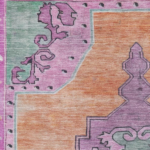 HomeRoots 9' X 12' Vibrant Orange Pink Green Oriental Washable Area Rug with UV Protection for Busy Homes 699471