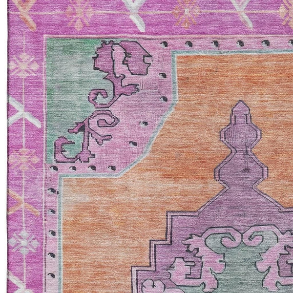 HomeRoots 9' X 12' Vibrant Orange Pink Green Oriental Washable Area Rug with UV Protection for Busy Homes 699471