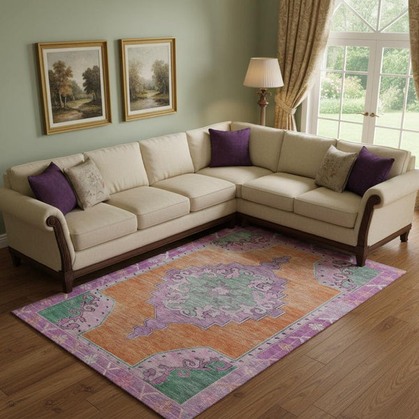 HomeRoots 10' Vibrant Washable Oriental Area Rug in Orange, Pink & Green - UV Protected for Active Homes 699472