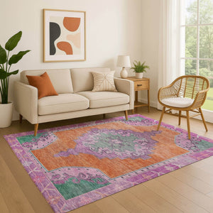 HomeRoots 10' Vibrant Washable Oriental Area Rug in Orange, Pink & Green - UV Protected for Active Homes 699472