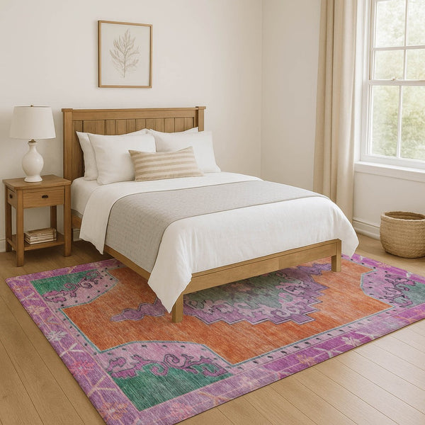 HomeRoots 10' Vibrant Washable Oriental Area Rug in Orange, Pink & Green - UV Protected for Active Homes 699472