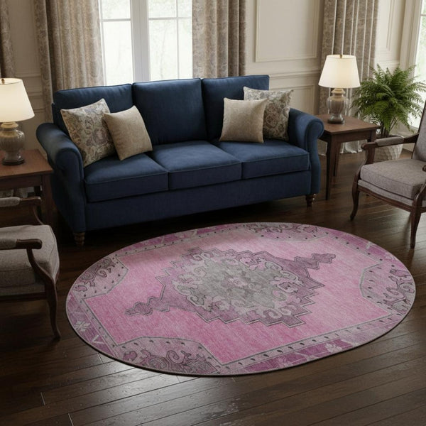 HomeRoots 8' Pink And Gray Oriental Washable Round Rug - Stain Resistant, UV Protected, Perfect for High-Traffic Homes! 699475