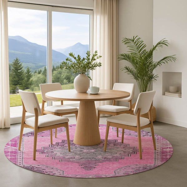 HomeRoots 8' Pink And Gray Oriental Washable Round Rug - Stain Resistant, UV Protected, Perfect for High-Traffic Homes! 699475