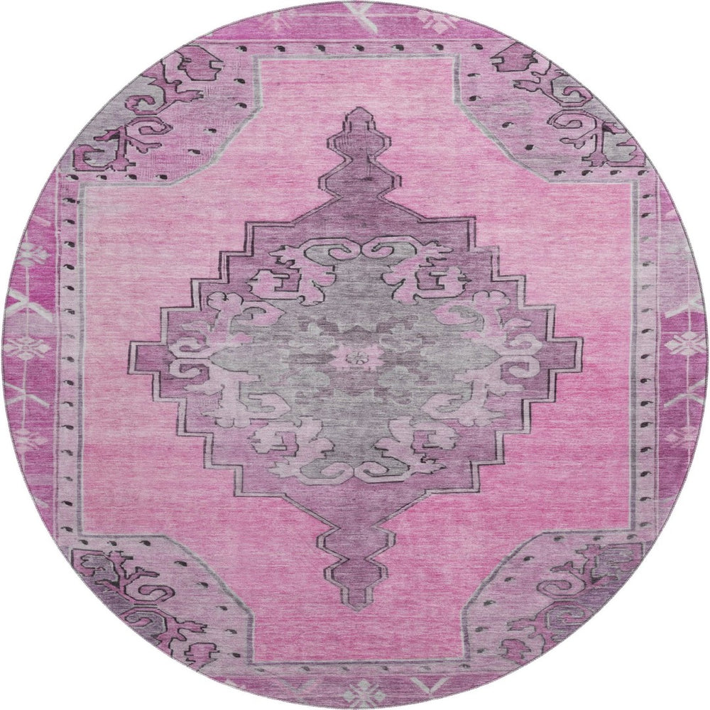 HomeRoots 8' Pink And Gray Oriental Washable Round Rug - Stain Resistant, UV Protected, Perfect for High-Traffic Homes! 699475