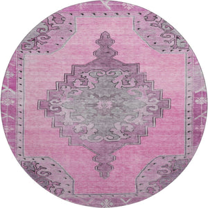 HomeRoots 8' Pink And Gray Oriental Washable Round Rug - Stain Resistant, UV Protected, Perfect for High-Traffic Homes! 699475