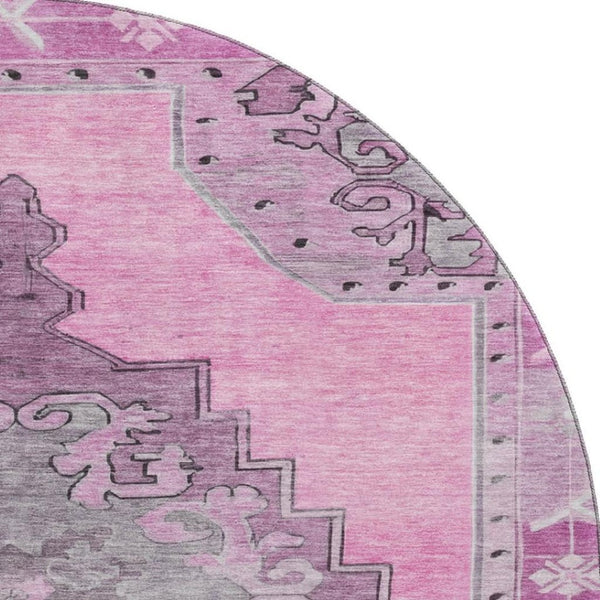 HomeRoots 8' Pink And Gray Oriental Washable Round Rug - Stain Resistant, UV Protected, Perfect for High-Traffic Homes! 699475