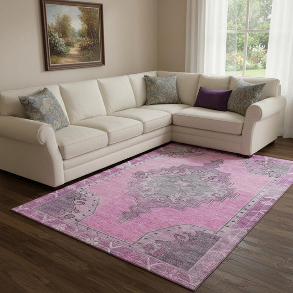 HomeRoots 8' X 10' Pink and Gray Oriental Area Rug - Washable, UV Protected, Stylish, Durable, and Versatile! 699476